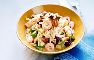 Risoni med räkor, kantareller och gröna bönor